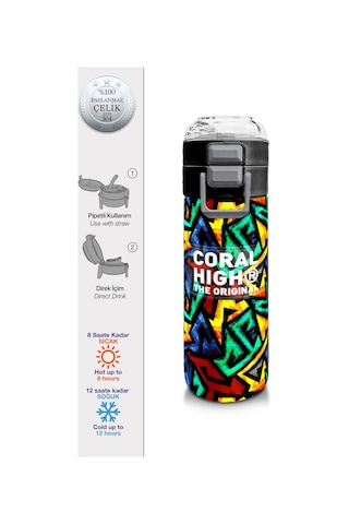 Coral High Kids Siyah Grafiti Desenli Pipetli Ve Direkt İçim Çelik Termos 500 Ml 31847 Siyah - Mavi