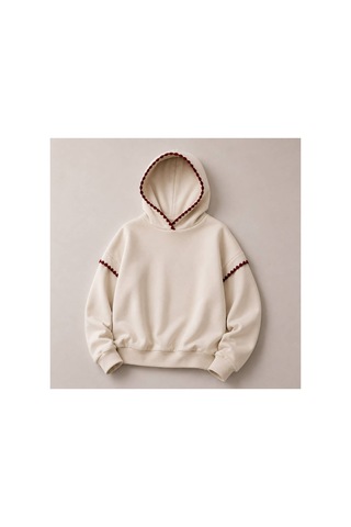 Herkesemoda Yaka Ve Kol Nakış Detaylı Kapüşonlu 2 İplik Şardonlu Sweatshirt Bej-bordo