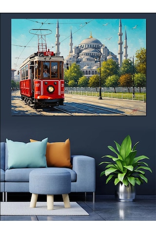 Kırmızı Tramvay İstanbul Şehri Dekoratif Kanvas - Mdf Ahşap Tablo