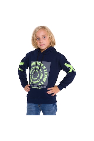 İrem Çocuk Giyim Erkek Çocuk Everythink Yazı Desenli Üç Iplik Şardonlu Kapüşonlu Sweatshirt Lacivert