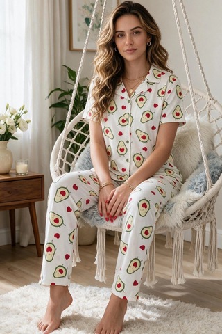 Northcity Avokado Desenli Kısa Kollu Gömlek Yaka Milan Kumaş Kadın Pijama Takımı Renkli