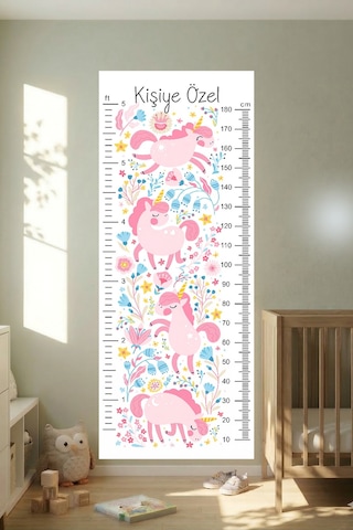Kişiye Özel Unicorn Temalı Dekoratif Çocuk Boy Ölçer Sticker Duvar Cetveli Takip Çizelgesi Beyaz