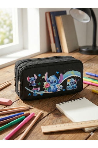 Stitch Baskılı Çift Bölmeli Siyah Okul Kalemliği Siyah