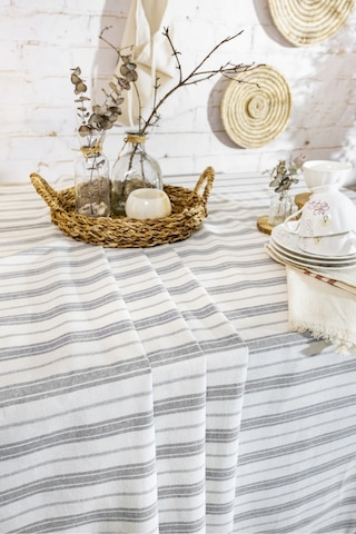 Dnc Home Tekstil  Çizgili Gri Şeritli Ponponlu Masa Örtüsü