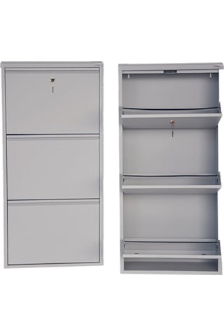 Kilitli 3'lü Metal Ayakkabılık - Gri