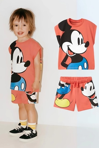 Unisex Çocuk Mickey Mouse Baskılı Pamuklu Bisiklet Yaka T- Shirt Ve Şort Alt Üst Takım Somon