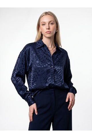 Pera Moda Jakarlı Oversize Uzun Şık Kadın Gömlek Lacivert