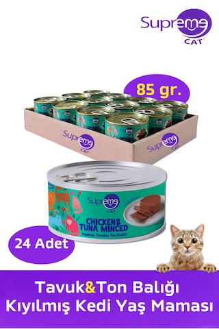 Supreme Cat Tavuk & Ton Balığı Kıyılmış Konserve Kedi Yaş Maması 24 x 85 G Supreme Cat Tavuk & Ton Balığı Kıyılmış Konserve Kedi Yaş Maması 24 x 85 G