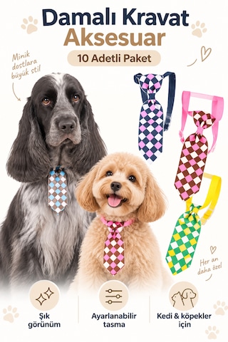 Showtech Kedi Ve Köpek Damalı Desenli Kravat Boyun Aksesuarı 10'lu Paket