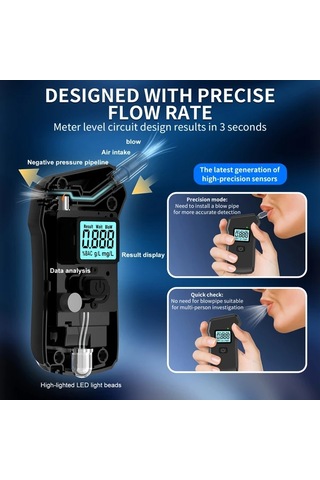 Motion003 Profesyonel 0.20 Bac Alkol Test Cihazı 1 Adet Cihaz + 5 Nozul Yüksek Doğruluklu Taşınabilir Lcd Ekran Abs Gövde Aaa Pil