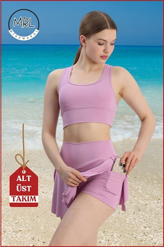 Kadın Alt-üst Takım Şort & Sabit Pedli Üst Crop Denizde Havuzda Sporda Swimsuit Lila Rengi Takım3107 Lila