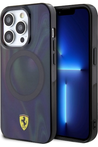 İphone Uyumlu 15 Pro Kılıf Ferrari Lisanslı Magsafe Uyumlu Transparan Renk Geçişli Iridescent Kapak Siyah