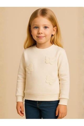 Kız Çocuk Kelebek Desenli Sweatshirt-16229 Beyaz