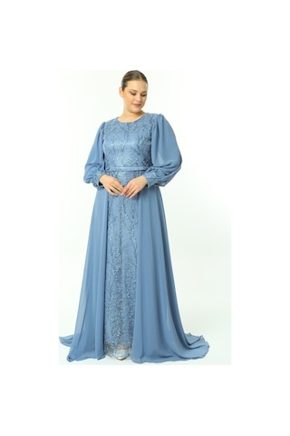 Ladies First Büyük Beden 3704 Indigo Uzun Abiye Elbise
