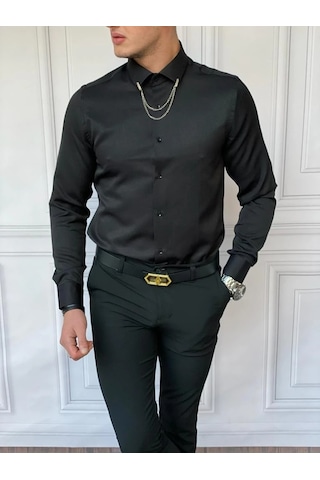 Modefendi Slim Fit Pamuk Örme Bebe Yaka Gömlek Siyah