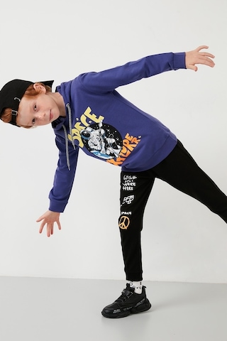 Lela Baskılı Kapüşonlu Cepli % 100 Pamuk Çocuk Unisex Çocuk Takım 5922017 Mor