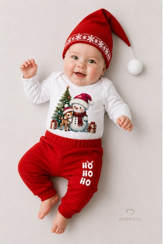 Babyden's Bebek Yılbaşı Noel Kıyafeti 3 Lü Takımı Snowman Baskılı Body,kırmızı Pantolon,noel Şapkası Unisex Kırmızı - Beyaz