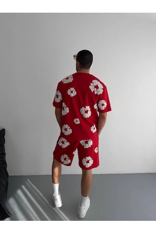 İki İplik Kumaş Baskılı T-shirt Şortlu Takım- Kırmızı Çok Renkli