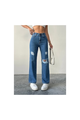 Blue Marlın Kadın Lazer Yırtık İşlemli Boyfriend Kot Bol Paça Pantolon Çok Renkli