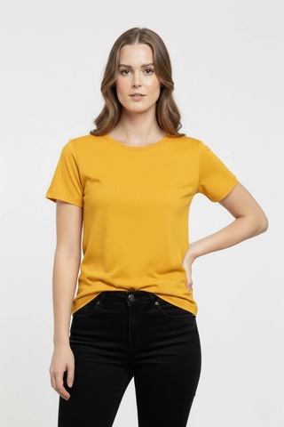 Primemagazam Kadın T-shirt Bisiklet Yaka Slim Fit Likralı Tişört Yazlık Basic Body - Sarı Çeşitli