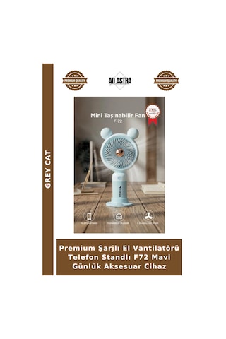 Premium Şarjlı El Vantilatörü Telefon Standlı F72 Mavi Günlük Aksesuar Cihaz
