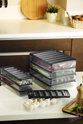 Mikrodalga Ve Difrizde Kullanılabilen Saklama Kabı Seti 8 Li Antrasit S-402 Şeffaf