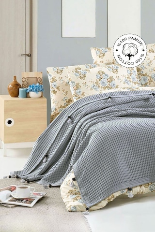 Vionel Home Pamuklu Waffle Desen Ponponlu Çift Kişilik Pike Gri