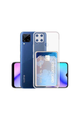 Kvy Realme C15 Kamera Korumalı Kartlıklı Setra Şeffaf Silikon Kılıf