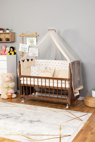Ahşap Beşik Anne Yanı Beşik Ceviz 60x120 Krem Prens Erkek Uyku Seti Yatak Tekerlekli Ceviz