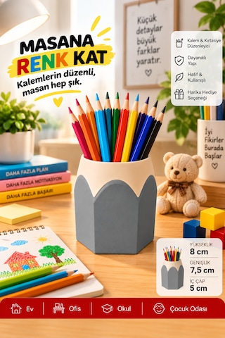 Kalemlik Renkli Kurşun Kalem Tasarımlı, 3d Baskı Bej - Gri