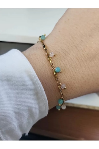 Amazonit Ve Pembe Kuvars Taşı Çelik Bileklik Çok Renkli