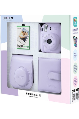 Fujifilm Instax Mini 12 Fotoğraf Makinesi + 10'lu Film Kare Albüm + Deri Kılıf Bundle Box Lila