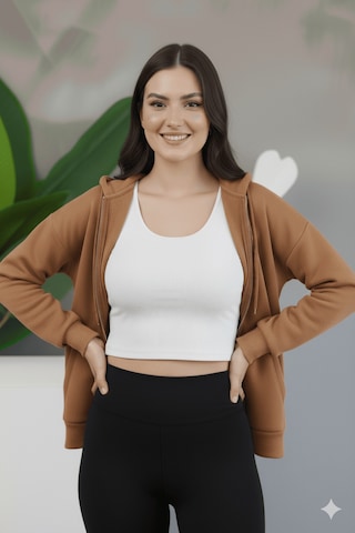 Kadın Genç Unisex Cepli Kapüşonlu Fermuarlı Sweatshirt Hırka Açık Kahve