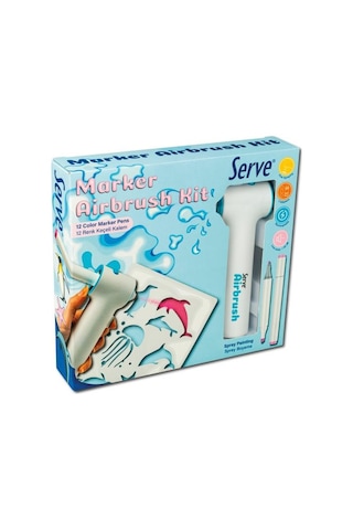 Serve Airbrush Kit 12 Li Keçeli Kalem Seti Şarjlı Sprey Boyama Makinesi, 3 Adaptörlü, Şablonlu Çocuk Boyama Seti