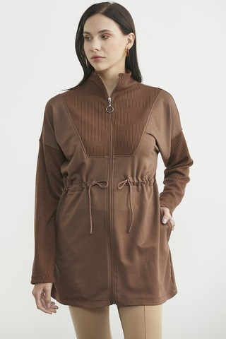 Dik Yaka Tam Fermuarlı Tunik - Kahve Kahverengi