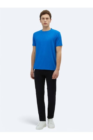 Kip Saks Düz Bisiklet Yaka Pamuk Karışımlı T-shirt Saks
