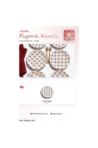 Fiyonk Kareli 6'lı Pasta Tabağı Seti 20 Cm Çok Renkli