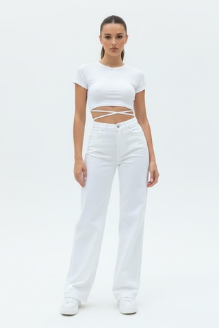 Woddi Nova Kadın Yüksek Bel Beyaz Salaş Jeans Wide Leg Geniş Paça Palazzo Kot Pantolon