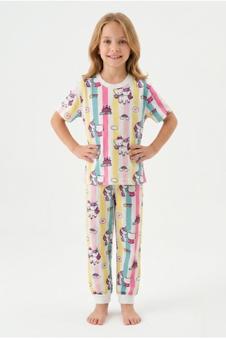 Bunny Hopp %100 Pamuk Yazlık Kısa Kollu Unicorn Ve Kedi Desenli Kız Çocuk Pijama Takımı Çok Renkli