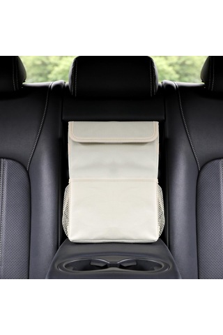 Bej Araba Çöp Kutusu 20x15x25 Cm Kapaklı Sızdırmaz Araba Çöp Kutusu 3 Saklama Cebi Askılı Su Geçirmez Araba Çöp Torbası Suv İçin