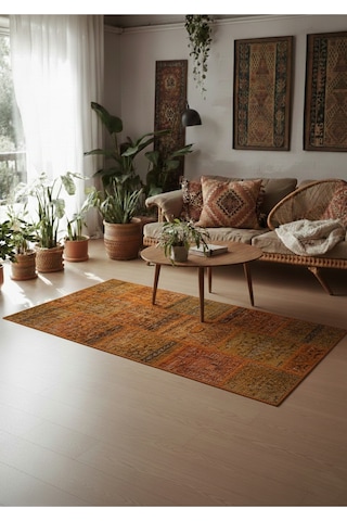 Modern Bohem Stil Vintage Halı Özel Tasarım Patchwork Koleksiyonu Doğal Halı Turuncu