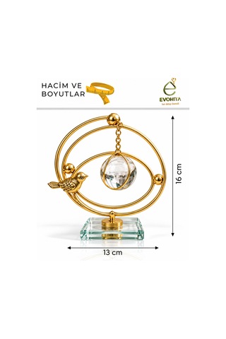 Evonıta Dekoratif Cam Küreli Kuş Figürlü Biblo Altın Renk Metal Masa Üstü Süs Kristal Tabanlı Salon Konsol Dekoru