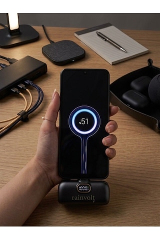 Rainvolt Mini Kapsül Powerbank Led Dijital Göstergeli & Dahili Kablolu Taşınabilir Şarj Cihazı siyah