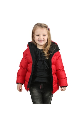 Kız Çocuk Kırmızı Içi Polarlı Kapüşonlu Su Geçirmez Rüzgara Dayanıklı Şişme Kışlık Mont & Kaban Kırmızı