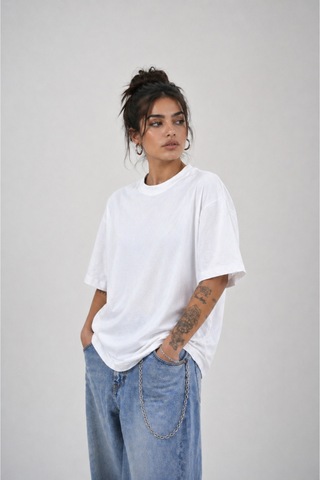 Modivibe Kadın Oversize T-shirt %100 Organik Pamuklu Kalın Dokulu Fit Yuvarlak Yakalı Beyaz