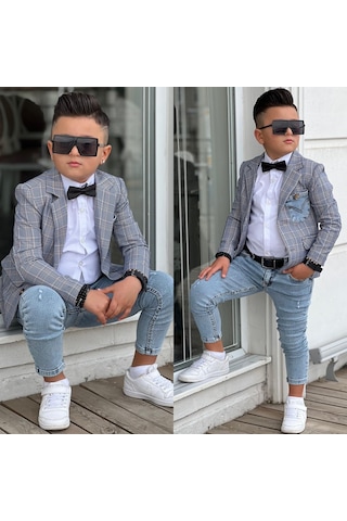 Uğurböceğiçocuk Ekose Denim Detaylı 5'parça Erkek Çocuk Takım 001