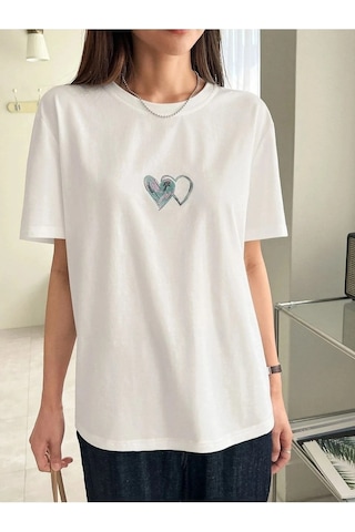 Çift Kalp Logo T-shirt - Beyaz Baskılı Oversize Bisiklet Yaka Kısa Kol Tişört Beyaz