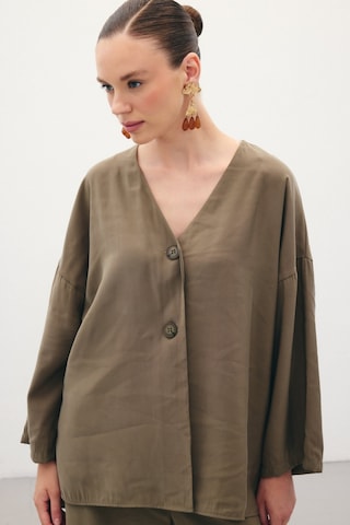 Sateen Düğmeli Kimono - Haki-136357 Haki