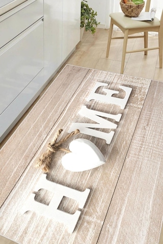 Dijital Baskılı Dekoratif Kaymaz Taban Yıkanabilir Kalp Desenli Halı Mutfak Halısı Yolluk Salon Halısı Krem