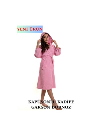 Pamuklu Kapüşonlu Genç Garson Boy Unisex Cepli Bukle Kadife Bornoz Pembe